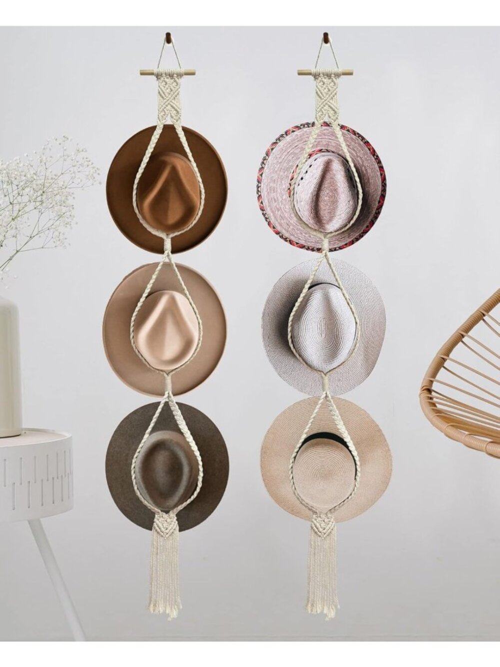 Bohemian Wall Hat Rack Organizer - 2 Piece Handwoven Display for Wide Brim